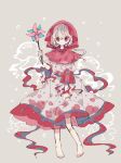  1girl alternate_costume barefoot capelet closed_mouth commentary_request dot_mouth dress ebisu_eika full_body highres hooded_dress jellyfish long_earlobes looking_at_viewer multicolored_dress one-hour_drawing_challenge pinwheel puffy_sleeves red_capelet red_dress red_eyes red_ribbon ribbon roamu_65 socks solo touhou white_dress white_hair white_socks 