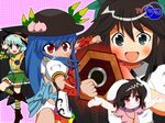  animal_ears arm_cannon black_eyes black_hair blue_eyes blue_hair bodysuit boots borrowed_design breasts bunny_ears clenched_hands hat hinanawi_tenshi inaba_tewi komeiji_koishi large_breasts leotard long_hair multiple_girls ponytail red_eyes reiuji_utsuho ribbon san_(artist) short_hair smile thigh_boots thighhighs touhou weapon wings 