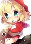  1girl :o black_skirt blonde_hair blush bow bowtie capelet commentary_request double-parted_bangs ensemble_girls! green_eyes hair_between_eyes hat highres holding holding_stuffed_toy kinoshita_yuyu looking_at_viewer matatabi_(nigatsu) nose_blush open_mouth plaid_clothes plaid_skirt pleated_skirt red_capelet red_hat shirt short_hair short_sleeves simple_background skirt solo stuffed_animal stuffed_sheep stuffed_toy upper_body white_background white_bow white_bowtie white_shirt 