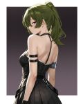  1girl absurdres ai-assisted arm_strap back bare_shoulders black_dress black_gloves breasts commentary_request dress gloves green_hair highres jmx_(j_m_x) long_hair looking_at_viewer medium_breasts pleated_dress purple_eyes side_ponytail solo sousou_no_frieren ubel_(sousou_no_frieren) 