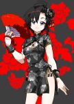  1girl antenna_hair black_dress black_hair breasts chinese_clothes cleavage_cutout closed_mouth clothing_cutout cowboy_shot dress exotic_china_(idolmaster) fingernails floral_print floral_print_dress grey_background hand_fan highres holding holding_fan idolmaster idolmaster_(classic) idolmaster_2 kamota_kamosuke kikuchi_makoto nail_polish official_alternate_costume print_dress purple_eyes qipao red_nails short_dress short_hair short_sleeves small_breasts solo standing 