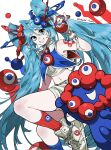  1girl ahoge aqua_eyes aqua_hair artist_name bare_shoulders blue_cape blue_socks blunt_ends cape collared_shirt commentary cropped_shirt expo2025 extra_eyes hatsune_miku highres holding holding_poke_ball kkyingdd long_hair long_sidelocks looking_at_viewer myaku-myaku navel poke_ball red_cape red_socks shirt short_cape shorts sidelocks simple_background smile socks twintails two-tone_cape very_long_hair vocaloid white_background white_shirt white_shorts wing_collar 