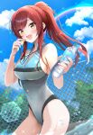  1girl absurdres bare_shoulders blue_one-piece_swimsuit blue_sky blush bottle breasts chain-link_fence cloud cloudy_sky commentary_request competition_swimsuit day fence highleg highleg_one-piece_swimsuit highres holding holding_bottle holding_whistle idolmaster idolmaster_shiny_colors long_hair looking_at_viewer medium_breasts multicolored_one-piece_swimsuit official_alternate_costume official_alternate_hairstyle one-piece_swimsuit open_mouth osaki_amana outdoors partially_submerged plastic_bottle ponytail pool rainbow red_hair shingi_(truth_fakesingi) sky smile solo standing swept_bangs swimsuit water water_bottle wet wet_hair whistle whistle_around_neck white_one-piece_swimsuit yellow_eyes 