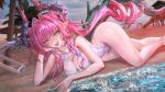  1girl :d alternate_costume arknights arknights:_endfield beach bilingual_commentary black_horns blue_eyes breasts cleavage cleavage_cutout clothing_cutout collarbone commentary day english_commentary feet_out_of_frame hair_intakes head_rest horns long_hair looking_at_viewer lying medium_breasts mixed-language_commentary multicolored_hair on_ground on_side one-piece_swimsuit open_mouth outdoors pink_hair pink_horns plant plpiromkul pointy_ears smile solo streaked_hair swimsuit tail tree water white_one-piece_swimsuit yvonne_(arknights) 
