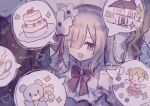  1girl absurdres bow cake commentary_request doll dress flower food frilled_dress frills gothic_lolita hair_flower hair_ornament hair_over_one_eye hairband highres house lolita_fashion lolita_hairband long_hair long_sleeves looking_at_viewer mahou_shoujo_no_majo_saiban natsume_an-an open_mouth purple_eyes runa_(runa7733) sleeves_past_fingers sleeves_past_wrists smile solo speech_bubble spoilers star_(symbol) stuffed_animal stuffed_toy white_hair 