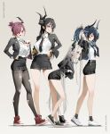  4girls absurdres alternate_costume asymmetrical_horns bahamut_(nikke) behemoth_(nikke) black_hair black_horns black_jacket black_necktie black_pantyhose black_skirt breasts bucho_sama collared_shirt commentary english_commentary four_beasts_(nikke) full_body goddess_of_victory:_nikke green_eyes grey_background grey_hair highres horns jacket large_breasts leviathan_(nikke) multiple_girls necktie pantyhose pointy_ears ponytail purple_hair red_eyes school_uniform shirt skirt standing thighs torn_clothes torn_pantyhose white_shirt ziz_(nikke) 