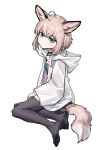  1girl absurdres ahoge an_yb animal_ears arknights black_choker black_pantyhose blue_eyes brown_hair brown_tail chinese_commentary choker closed_mouth commentary cross crossed_bangs feet full_body gloves highres hood hood_down hooded_jacket jacket long_sleeves looking_at_viewer no_shoes pantyhose red_cross short_hair simple_background sitting soles solo sussurro_(arknights) tail toes white_background white_gloves white_jacket 