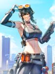  1girl armpits belt black_hair black_pants black_sleeves black_sports_bra blue_sky breasts city cowboy_shot crop_top day detached_sleeves fingerless_gloves gloves goggles goggles_on_head grace_howard grey_belt grey_gloves highres kankitsurui_(house_of_citrus) large_breasts looking_ahead midriff navel open_mouth orange_eyes pants single_fingerless_glove sky solo sports_bra white_mouth zenless_zone_zero zipper_top 