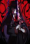  1girl armband black_capelet black_hair black_horns black_shirt black_skirt capelet collared_shirt commentary cracked_skin crown extra_eyes extra_horns flower hair_flower hair_ornament highres himnesio holding holding_sword holding_weapon horns long_hair long_skirt long_sleeves looking_at_viewer mahou_shoujo_no_majo_saiban making-of_available mini_crown necktie nikaido_hiro pleated_skirt red_armband red_background red_eyes red_flower red_necktie shirt side_capelet skirt smile snake_hair solo spoilers sword untranslatable_commentary upper_body weapon white_shirt wide_sleeves witch_(manosaba) 