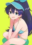  1girl absurdres aqua_eyes bikini black_hair breasts commentary_request earrings feet_out_of_frame ganaha_hibiki green_bikini green_visor_cap highres hoop_earrings idolmaster idolmaster_(classic) jewelry long_hair medium_breasts sitting smile solo striped_bikini striped_clothes swimsuit visor_cap yellow_background yonekura_ryo_(ryokakat0801) 