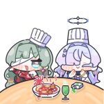  2girls :3 bandage_over_one_eye bandages chef_hat chibi chibi_only closed_eyes commentary_request cup dress drinking_glass earrings food green_eyes green_hair halo hat highres jewelry long_hair mornye_(wuthering_waves) multiple_girls open_mouth phrolova_(wuthering_waves) simple_background smile soup syurikenmaru table white_background white_hat wuthering_waves 