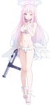  1girl bare_arms bare_shoulders bikini blue_archive blue_hair blush breasts brown_eyes choker cleavage collarbone commentary feathered_wings finger_to_mouth frilled_bikini frills full_body gradient_hair grin groin gun halo hand_up highleg highleg_bikini highres holding holding_gun holding_weapon lanchester_smg long_hair low_wings medium_breasts mika_(blue_archive) mika_(swimsuit)_(blue_archive) multicolored_hair nagami_yuu navel one_eye_closed pink_hair sandals shushing simple_background smile solo standing submachine_gun swimsuit very_long_hair weapon white_background white_bikini white_choker white_sandals white_wings wings 