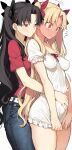  2girls absurdres alternate_costume belt black_hair blonde_hair blush bow breasts commentary covered_nipples denim dress earrings ereshkigal_(fate) fate/grand_order fate_(series) flying_sweatdrops full-face_blush grin hair_bow hand_on_another's_stomach highres hoop_earrings hug hug_from_behind impossible_clothes incest ishtar_(fate) jeans jewelry kamisato_sora legs long_hair medium_breasts multiple_girls naughty_face pants red_eyes red_shirt shirt siblings sisters smile tank_top thighs two_side_up white_belt white_dress yuri 