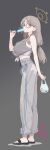  1977_oj3 1girl bag blue_archive breasts brown_hair commentary_request food food_in_mouth from_side glasses grey_background grey_pants grey_tank_top halo highres holding holding_bag holding_food holding_popsicle large_breasts light_blush long_hair looking_at_viewer looking_to_the_side low-tied_long_hair moe_(blue_archive) orange_eyes orange_halo pants popsicle popsicle_in_mouth round_eyewear sexually_suggestive shirt simple_background solo standing steaming_body sweat sweatpants tank_top tied_shirt 