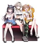  3girls absurdres ahoge anis_(nikke) anis_(star)_(t.t._star)_(nikke) black_gloves black_hair black_sports_bra blonde_hair blue_eyes blue_skirt breasts brown_eyes brown_hair cat_ear-shaped_hair cleavage cleavage_cutout clothing_cutout commentary cropped_shirt dasom english_commentary fingerless_gloves full_body gloves goddess_of_victory:_nikke green_eyes green_shorts hair_between_eyes hair_ears highres idol jacket light_blush long_hair looking_at_viewer mint_(nikke) multiple_girls navel official_alternate_costume prika_(nikke) shirt short_hair shorts single_thighhigh sitting skirt smile sports_bra t.t._star_(nikke) thighhighs thighs torn_clothes torn_thighhighs white_background white_shirt yellow_jacket yellow_skirt 