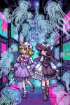 2girls alternate_costume black_capelet black_dress black_hat blonde_hair boots bow bowtie brown_boots brown_eyes brown_shoes capelet commentary_request cover cover_page doujin_cover dress frilled_dress frilled_sleeves frills full_body hat hat_bow highres holding_hands jellyfish long_sleeves maribel_hearn medium_hair mob_cap multiple_girls open_mouth pink_bow pink_bowtie red_eyes shoes smile socks teeth touhou translation_request upper_teeth_only usami_renko wakisaka_dk white_bow white_socks 