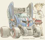  1girl black_eyes black_ribbon black_shoes blue_car brown_hair car closed_mouth commentary_request french_flag grey_background half-closed_eyes hand_on_own_hip hand_up highres jacket katsura_himeko motor_vehicle neck_ribbon red_sailor_collar red_skirt renault renault_twizy ribbon sailor_collar school_uniform scissor_doors sekihan shoes short_twintails signature simple_background skirt smile smug solo twintails v-shaped_eyebrows vehicle_focus vehicle_name white_jacket zesshaka!_shiritsu_yotsuwa_joshi_gakuin_zetsumetsu_kigu-sha_gakka 