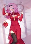  1girl absurdres alternate_costume arms_up black_bow black_thighhighs blue_eyes blunt_bangs blush bow breasts chinese_clothes chinese_commentary cleavage cleavage_cutout clothing_cutout commentary_request crying crying_with_eyes_open dahe_zhuang_(yishi_fanhua) detached_sleeves dress feet_out_of_frame fujiwara_chika garter_straps hair_bow hair_spread_out head_on_pillow heavy_breathing highres indoors kaguya-sama_wa_kokurasetai_~tensai-tachi_no_renai_zunousen~ lantern large_breasts long_dress long_hair long_sleeves looking_at_viewer lying nose_blush on_back on_bed open_mouth paper_lantern pillow pink_hair qipao red_dress short_sleeves solo tareme tears thighhighs wavy_mouth window_shadow 