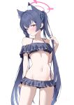  1girl absurdres animal_ear_fluff animal_ears armpit_crease bikini bikini_skirt black_bikini blue_archive cat_ears cat_girl collarbone commentary cowboy_shot extra_ears frilled_bikini frills halo highres long_hair looking_at_viewer midriff navel off-shoulder_bikini off_shoulder official_alternate_costume pink_halo red_eyes serika_(blue_archive) serika_(swimsuit)_(blue_archive) solo swimsuit twintails vec_ka white_background 