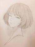  1girl character_request closed_mouth commentary_request copyright_request cropped_head eyelashes from_side graphite_(medium) highres jun_(navigavi) lips looking_at_viewer monochrome nose paper_background photo_(medium) short_hair sketch smile solo traditional_media 