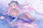  1girl absurdres artist_name bare_shoulders blush breasts cleavage closed_mouth collarbone colored_inner_hair commentary commission ddeumbugi detached_sleeves diamond_(shape) dutch_angle elbow_rest falling_petals flower flower_on_liquid frilled_leotard frills gem hair_intakes hair_ornament hand_on_own_face head_tilt heterochromia highres iridescent_clothes large_breasts legs leotard long_hair looking_at_viewer lying multicolored_hair on_stomach original outdoors petals pink_gem pink_hair pink_petals pointy_ears red_eyes shallow_water sidelocks single_thighhigh smile soaking_hands solo strapless strapless_leotard thighhighs thighs two_side_up very_long_hair water wet white_background white_hair white_leotard yellow_eyes 