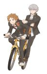  2boys :d absurdres bicycle black_jacket black_pants brown_eyes brown_hair closed_mouth collared_jacket collared_shirt commentary frown full_body grey_eyes grey_hair hanamura_yousuke hand_on_another's_shoulder headphones headphones_around_neck highres jacket layered_sleeves leaning leaning_forward long_sleeves male_focus moobki multiple_boys narukami_yu nervous_sweating on_bicycle open_collar outstretched_arm pants persona persona_4 popped_collar riding riding_bicycle school_uniform shirt shoes short_hair smile sweat swept_bangs tongue tongue_out untranslatable_commentary very_short_hair white_shirt white_shoes wide-eyed yasogami_school_uniform 