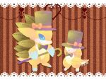  black_bow black_bowtie blue_eyes bow bowtie brown_background cane claws closed_mouth commentary_request evolutionary_line greenaokimi hat hat_bow holding holding_cane no_humans pokemon pokemon_(creature) sandshrew sandslash striped_background top_hat 