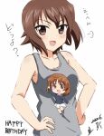 1girl birthday brown_eyes brown_hair commentary_request dated girls_und_panzer grey_shirt hands_on_own_hips happy_birthday ma-2_(konkon_kitakitsune) nishizumi_maho nishizumi_miho ooarai_military_uniform open_mouth shirt short_hair sleeveless smile solo upper_body white_background 