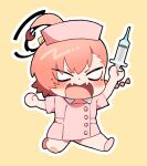  1girl absurdres ahoge blue_archive blush chibi commentary_request fangs halo hat highres holding holding_syringe mole mole_under_eye neru_(blue_archive) nurse nurse_cap orange_hair shigeta_(yankeehamama) short_hair simple_background skin_fangs syringe yellow_background 