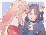  2girls absurdres ahoge animal_ears bare_shoulders black_choker black_hair blonde_hair blue_hair blue_hoodie blue_kimono blue_nails border cho_kaguya-hime! choker colored_inner_hair commentary fox_ears fox_girl green_eyes highres hood hood_down hoodie japanese_clothes kaguya_(cho_kaguya-hime!) kimono kousaka_0v0 multicolored_hair multiple_girls nail_polish open_mouth outdoors outline pout rabbit_ears rabbit_girl red_kimono sakayori_iroha sakayori_iroha_(tsukuyomi) sidelocks untranslatable_commentary upper_body white_border white_outline yuri 