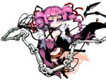  1girl belt boots breasts closed_mouth coat commentary_request crop_top dark_hunter_(sekaiju) dark_hunter_4 drill_hair from_above full_body fur_trim holding holding_nunchaku holding_weapon indee long_hair looking_at_viewer midriff navel nunchaku outstretched_arm pink_hair purple_coat purple_eyes red_belt sekaiju_no_meikyuu sekaiju_no_meikyuu_1 shadow simple_background small_breasts smile solo thigh_boots twin_drills weapon white_background 