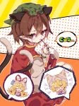  1girl animal_ear_piercing animal_ears black_nails brown_eyes brown_hair cat_ears cat_girl cat_tail chen closed_mouth commentary_request crossed_bangs double-parted_bangs earrings extra_ears food food_in_mouth hair_between_eyes half-closed_eyes hand_up hat highres jewelry jitome long_sleeves looking_back mob_cap multiple_tails nail_polish nekomata pocky pocky_in_mouth pointy_ears polka_dot polka_dot_background puffy_long_sleeves puffy_sleeves red_skirt red_vest roamu_65 short_hair single_earring skirt skirt_set solo spoken_character sweat tail touhou two_tails vest yakumo_ran yakumo_yukari 