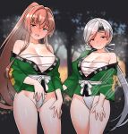  2girls alternate_costume blush breasts brown_eyes brown_hair chitose_(kancolle) commentary_request commission cowboy_shot fundoshi furaggu_(frag_0416) grey_eyes grey_hair hair_ribbon happi headband height_difference high_ponytail highres japanese_clothes kantai_collection large_breasts long_hair looking_at_viewer multiple_girls ponytail ribbon sarashi skeb_commission smile thighs yamato_(kancolle) 