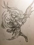  1boy bare_shoulders belt boots bracelet cloak commentary_request demon_boy demon_wings fighting_stance full_body graphite_(medium) hair_between_eyes hands_up highres holding holding_polearm holding_weapon jewelry jun_(navigavi) looking_at_viewer lower_teeth_only male_focus monochrome multiple_rings nose open-toe_boots open_mouth original pants paper_background pelvic_curtain photo_(medium) polearm ring shirt short_hair sketch sleeveless sleeveless_shirt solo teeth tight_clothes tight_shirt toned toned_male traditional_media vambraces weapon wings 