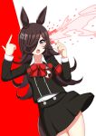  1girl absurdres animal_ears black_jacket black_skirt blush bow brown_hair collared_shirt commentary_request finger_gun flipped_hair gekkoukan_high_school_uniform hair_ornament hair_over_one_eye hairclip headphones headphones_around_neck highres horse_ears horse_girl horse_tail jacket katsushika_yuki long_hair long_sleeves looking_at_viewer open_mouth persona persona_3 persona_3_portable purple_eyes red_bow rice_shower_(umamusume) school_uniform shiomi_kotone shirt skirt solo tail umamusume white_shirt 