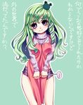  bad_id bad_pixiv_id blush douji frog_hair_ornament green_hair hair_ornament kochiya_sanae ladle long_hair looking_at_viewer purple_eyes ribbed_sweater shorts simple_background smile snake_hair_ornament solo sweater touhou translated 