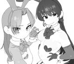  2girls absurdres animal_ear_hairband animal_ears arato_nagi bare_shoulders black_hair blush body_blush bow bowtie breasts covered_nipples curvy detached_collar earrings elbow_gloves embarrassed fake_animal_ears frontless_outfit gloves greyscale hairband half_gloves hands_on_own_hips heart_pasties high_heels highres jewelry large_breasts long_hair looking_at_viewer mochui monochrome multiple_girls navel pasties rabbit_ear_hairband rabbit_ears revealing_clothes reverse_bunnysuit reverse_outfit ruri_no_houseki shrug_(clothing) simple_background small_breasts sweatdrop tanigawa_ruri v wavy_mouth white_background wrist_cuffs 