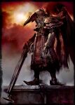  1boy armor beak black_border border cloud cloudy_sky concrete creature gun holding holding_gun holding_weapon male_focus masahiro_ito mechanical_wings object_head original pauldrons pointy_shoes rifle shoulder_armor sky solo_focus standing tunic weapon wings 