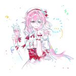  1girl absurdres beret breasts chinese_commentary commentary_request commission cup diamond-shaped_pupils diamond_(shape) dress elf elysia_(hi_love_elf)_(honkai_impact) elysia_(honkai_impact) food hat highres holding holding_cup honkai_(series) honkai_impact_3rd ice_cream long_hair long_pointy_ears looking_at_viewer medium_breasts pink_hair pointy_ears purple_eyes sabi_kansetsu simple_background smile solo sundae symbol-shaped_pupils very_long_hair white_background white_dress 