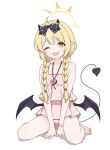  1girl absurdres ahoge arms_between_legs black_bow blonde_hair blue_archive bow braid chinese_commentary commentary_request demon_girl demon_horns demon_tail demon_wings dress_swimsuit fang hair_bow halo highres horns ibuki_(blue_archive) ibuki_(swimsuit)_(blue_archive) long_hair looking_at_viewer low_twin_braids low_wings official_alternate_costume official_alternate_hairstyle one-piece_swimsuit one_eye_closed open_mouth pink_one-piece_swimsuit pointy_ears polka_dot polka_dot_bow polka_dot_swimsuit print_one-piece_swimsuit simple_background sitting skin_fang small_horns smile solo swimsuit tail twin_braids v_arms wariza white_background wings xingyun_fankic yellow_eyes yellow_halo 