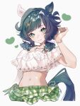  1girl 5sen5sen animal_ears bare_shoulders bikini bikini_skirt blush breasts cleavage closed_mouth commentary_request ear_covers green_eyes green_hair green_skirt hair_between_eyes heart highres horse_ears horse_girl horse_tail jewelry kiseki_(umamusume) looking_at_viewer medium_breasts midriff multicolored_hair navel necklace official_alternate_costume official_alternate_hairstyle short_hair shy simple_background single_ear_cover skirt solo streaked_hair swimsuit tail umamusume white_background white_bikini white_streaks 