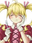  1girl biscuit_krueger blonde_hair blush capelet closed_eyes commentary dress eating food food_on_face fork gloves hair_ornament hair_ribbon highres holding holding_fork hunter_x_hunter komekomeus95246 long_hair pink_dress pink_ribbon ribbon solo twintails white_gloves x_hair_ornament 