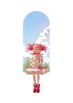  1girl 1other :3 animal back_bow backlighting ballet_slippers bow bow_choker breasts chinese_commentary choker cloud commentary_request dreamon_(bujingniao723) dress frilled_dress frills full_body hair_bow happy highres holding holding_animal kaname_madoka kaname_madoka_(magical_girl) kneehighs kyubey looking_at_viewer magical_girl mahou_shoujo_madoka_magica mahou_shoujo_madoka_magica_(anime) official_alternate_costume open_mouth partial_commentary pink_bow pink_dress pink_eyes pink_hair puffy_short_sleeves puffy_sleeves red_choker red_eyes red_slippers short_sleeves short_twintails slippers small_breasts socks solid_circle_eyes solo_focus soul_gem_(madoka_magica) straight-on tareme tree twintails white_background white_dress white_socks 