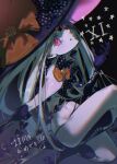  1girl abigail_williams_(fate) abigail_williams_(third_ascension)_(fate) bare_shoulders black_bow black_hands black_hat black_panties bow breasts colored_extremities colored_skin commentary_request fate/grand_order fate_(series) forehead glowing glowing_eyes grin hair_bow hat highres keyhole long_hair looking_at_viewer navel orange_bow ota_(ota-0000) panties parted_bangs pink_eyes small_breasts smile solo thighs third_eye underwear white_hair white_skin witch_hat 