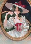  1girl achiki bow breasts brown_hair cleavage collarbone commentary_request curly_hair dress dress_bow female_pov frilled_dress frills grin hair_bun hat hat_bow looking_at_viewer mirror original pov puffy_sleeves red_eyes red_nails see-through_clothes see-through_sleeves short_sleeves signature single_hair_bun small_breasts smile solo upper_body white_dress white_hat 