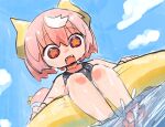  1girl barefoot cloud copyright_request horns innertube multicolored_hair one-piece_swimsuit open_mouth pink_hair purple_eyes sharp_teeth shikemoku short_hair soaking_feet solo star-shaped_pupils star_(symbol) streaked_hair swim_ring swimsuit symbol-shaped_pupils teeth 