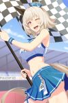  1girl animal_ears arm_behind_back blue_hat blue_skirt blush breasts checkered_flag commentary_request crop_top curren_chan_(umamusume) dixie_cup_hat ear_covers ears_through_headwear flag grey_hair grey_tail hat highres holding holding_flag horse_ears horse_girl horse_tail index_finger_raised looking_at_viewer masaki_shino midriff military_hat navel official_alternate_costume one_eye_closed open_mouth outdoors pacific_racing_team purple_eyes skirt smile solo tail teeth umamusume 