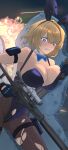  1girl absurdres alternate_costume animal_ear_hairband animal_ears arm_pouch arm_strap black_gloves blonde_hair blue_bow blue_bowtie blue_eyes blue_leotard blush bow bowtie breasts cleavage clenched_teeth commentary commission cowboy_shot detached_collar english_commentary explosion fake_animal_ears finger_on_trigger fishnet_pantyhose fishnets girls'_frontline girls'_frontline_2:_exilium gloves gun hairband highleg highleg_leotard highres holding holding_gun holding_magazine_(weapon) holding_weapon large_breasts leotard looking_at_viewer magazine_(weapon) mole mole_under_eye nikketa_(girls'_frontline_2) pantyhose playboy_bunny pouch rabbit_ears rifle scope scotch_quazar short_hair sniper_rifle solo strapless strapless_leotard taking_cover teeth thigh_pouch thigh_strap torn_clothes torn_leotard torn_pantyhose two-sided_gloves vsk-94 vsk-94_(girls'_frontline) weapon white_wrist_cuffs wrist_cuffs 