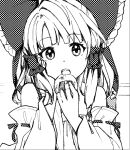  1girl ascot bow commentary_request detached_sleeves eating food frilled_bow frilled_hair_tubes frills greyscale hair_bow hair_tubes hakurei_reimu highres holding holding_food long_hair minatsuki_yurara monochrome open_mouth ribbon-trimmed_sleeves ribbon_trim senbei solo touhou 