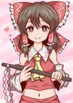  1girl absurdres ascot blush bow brown_eyes brown_hair closed_mouth commentary_request detached_sleeves frilled_bow frilled_hair_tubes frills gohei hair_bow hair_tubes hakurei_reimu heart highres holding holding_gohei long_hair looking_at_viewer midriff navel pink_background red_bow red_skirt ribbon-trimmed_sleeves ribbon_trim ron_samu_jouji skirt skirt_set smile solo touhou yellow_ascot 